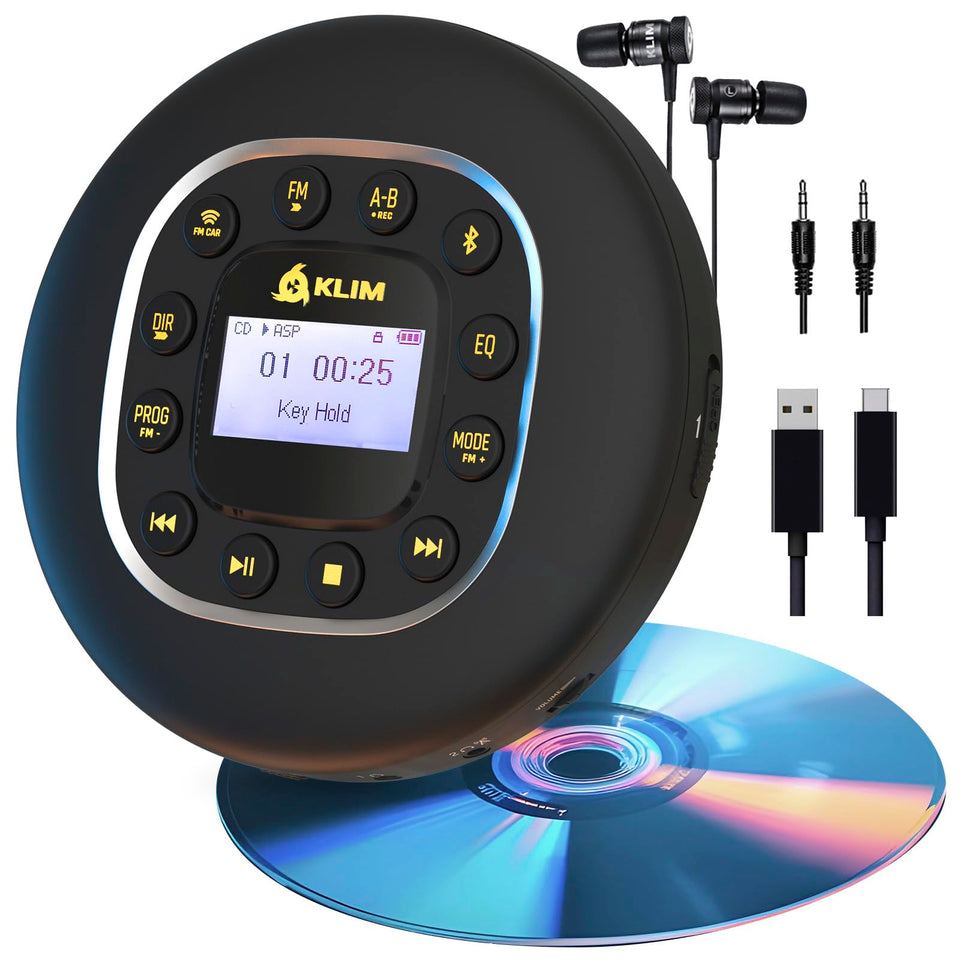 KLIM Journey front view showing compact portable CD player and display, ideal for travel