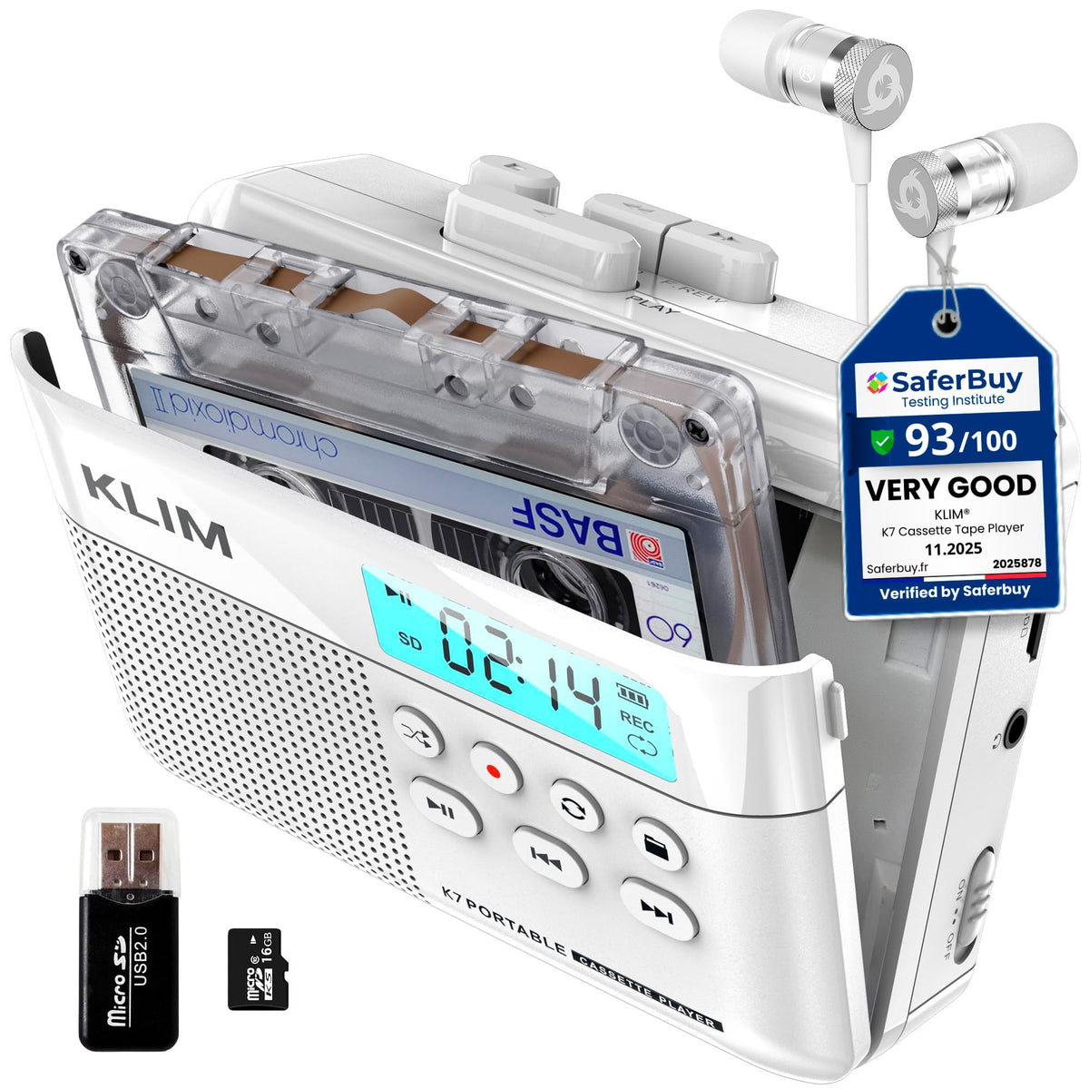 KLIM K7 front view showing cassette slot and speaker, easy cassette playback