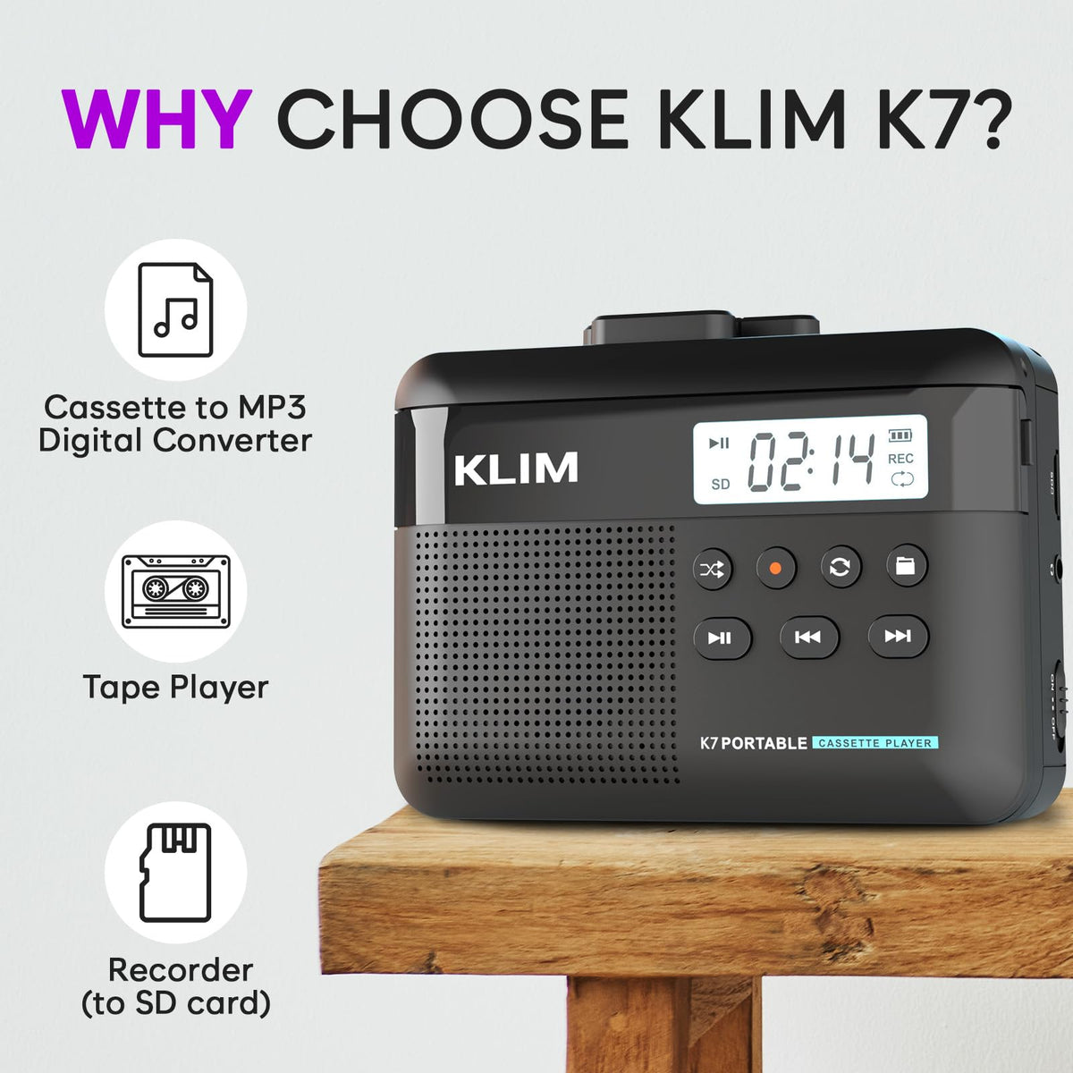 KLIM K7 open cassette compartment displaying tape insertion, simplifies conversions