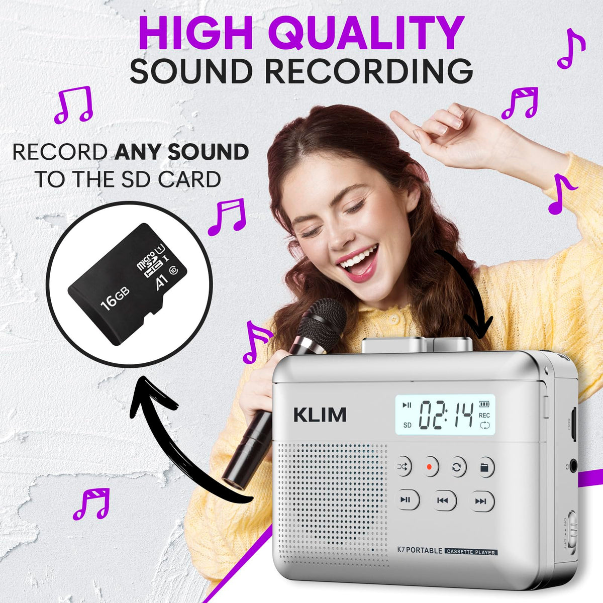 KLIM K7 SD card slot with included 16GB card for instant MP3 storage