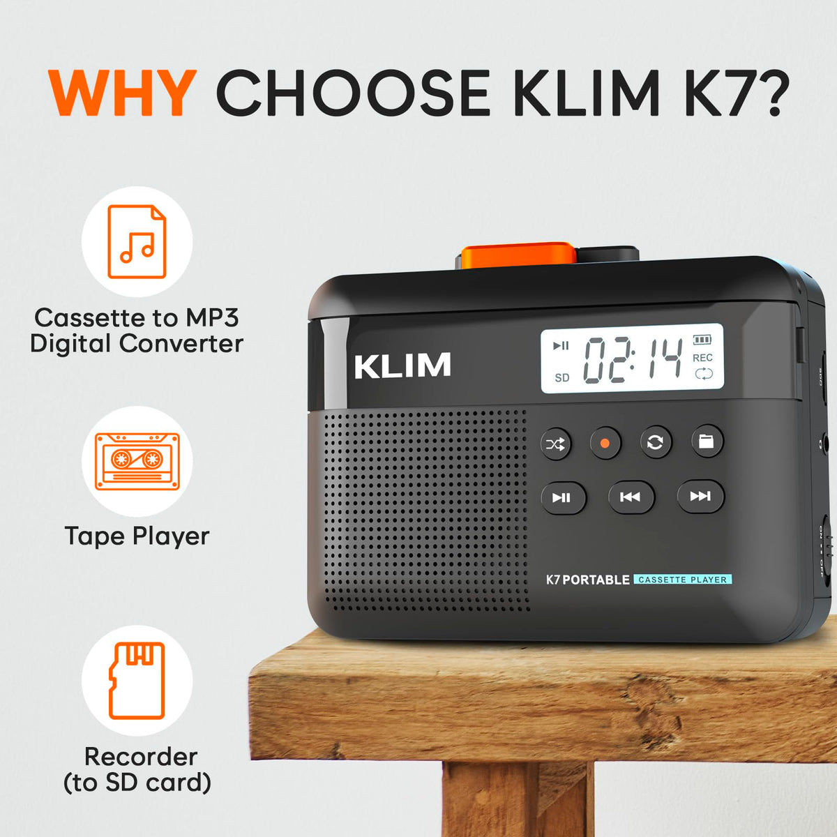 KLIM K7 side controls close-up indicating intuitive playback and record buttons