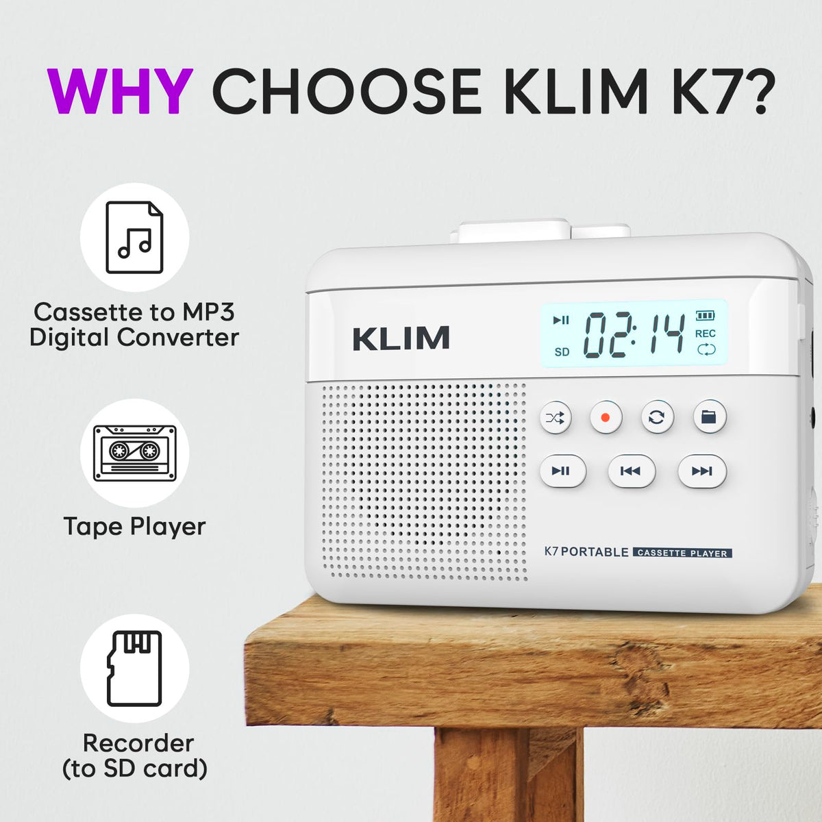 KLIM K7 side controls with buttons visible, quick tape-to-MP3 operation
