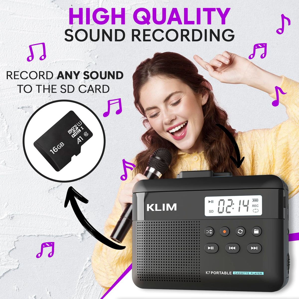 KLIM K7 with 16GB SD card and SD reader ready for cassette to MP3 transfer