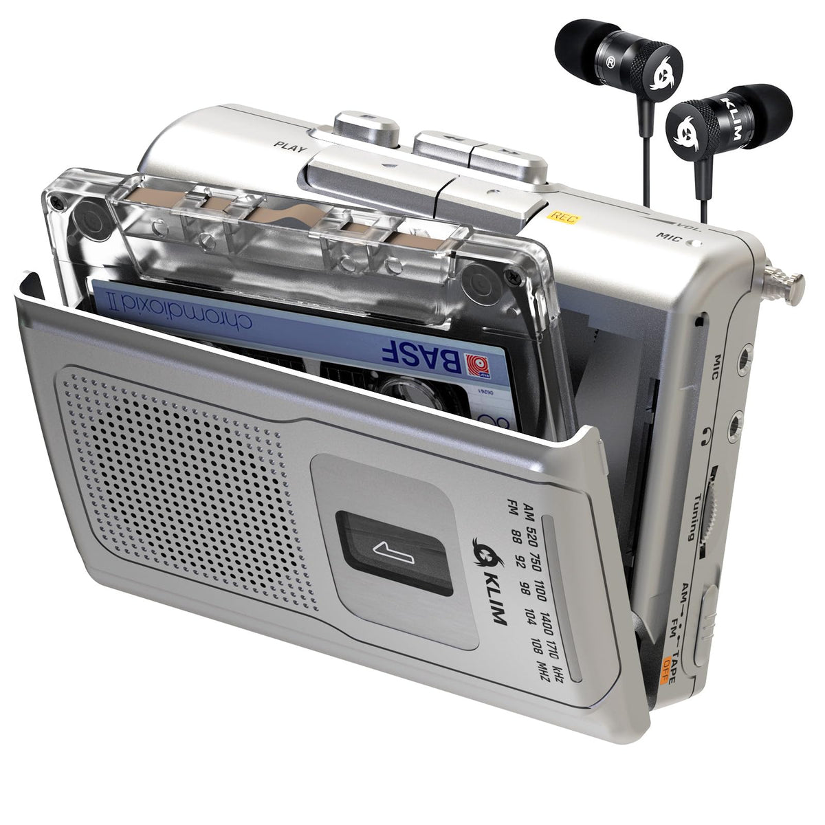 KLIM K8 cassette tape player with built-in mic and speaker for portable listening.