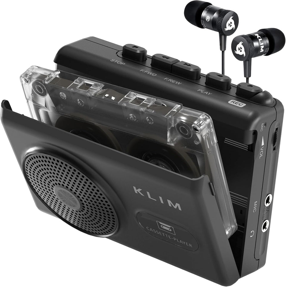 KLIM K9 cassette player front view showing portable design and built-in speaker.