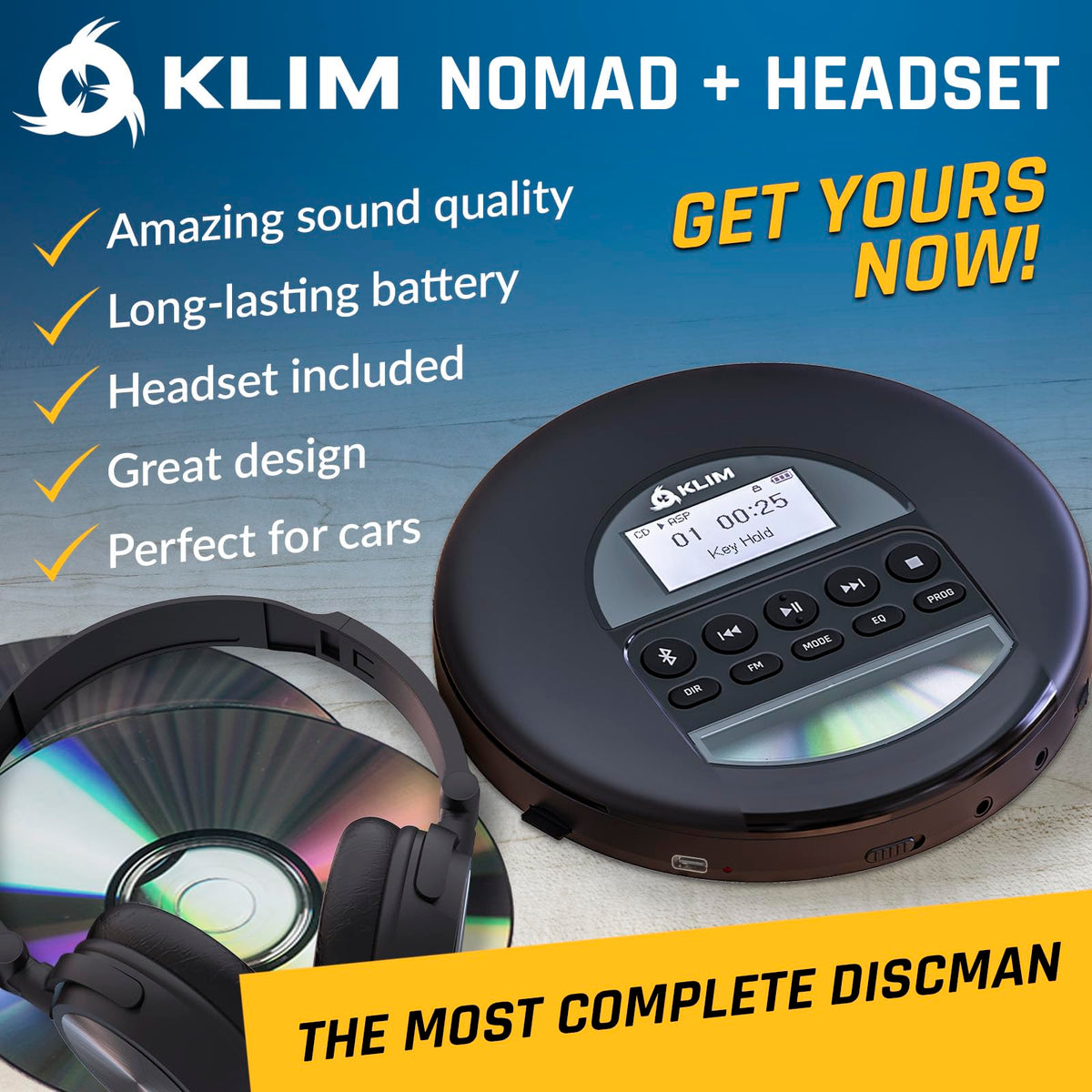 KLIM Nomad with included headphones placed nearby, showing ready-to-use private listening