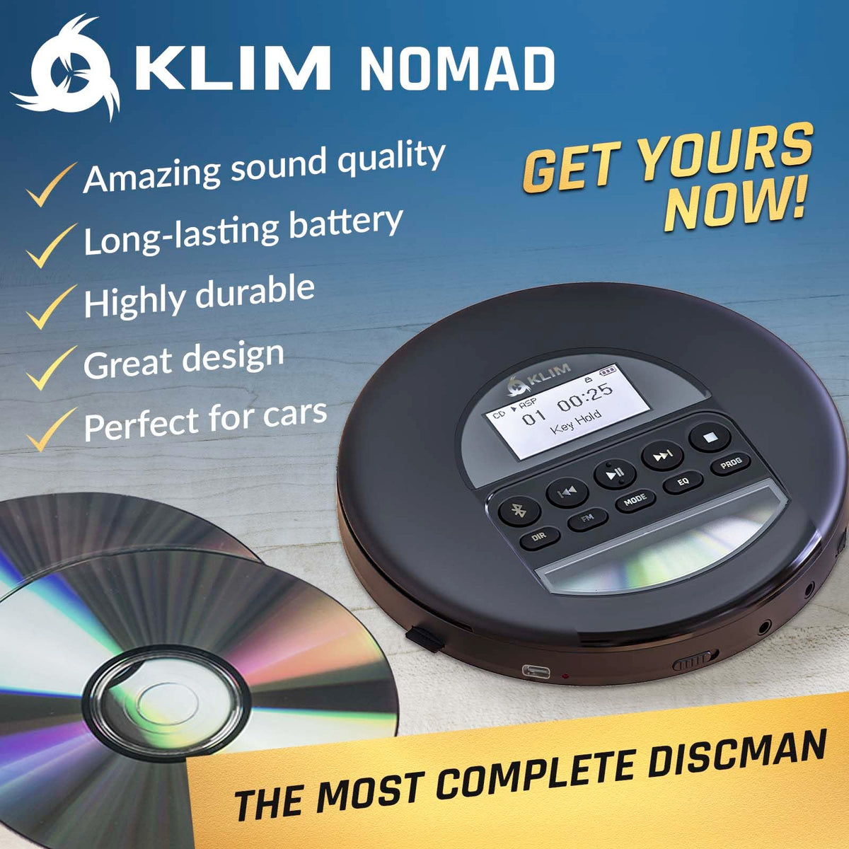 KLIM Nomad open with CD inside demonstrating secure clamshell and anti-skip benefit