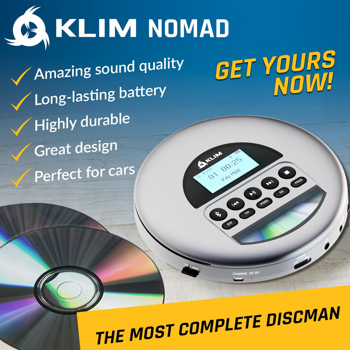 KLIM Nomad rechargeable battery highlights long-lasting power for extended sessions.