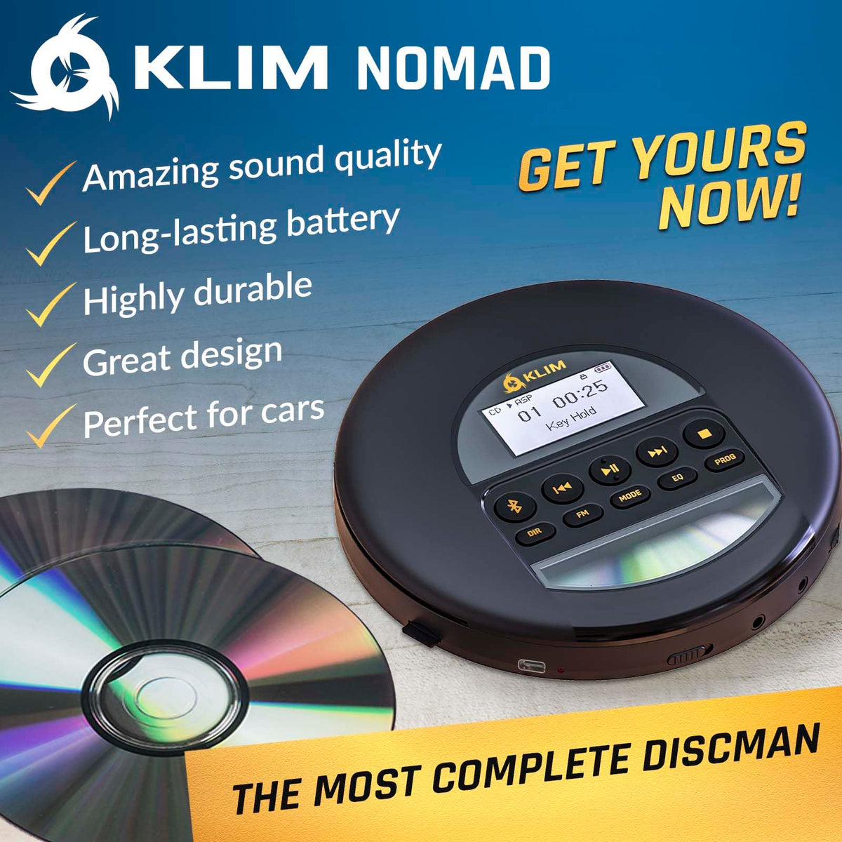 KLIM Nomad open lid with CD visible demonstrating disc playback reliability