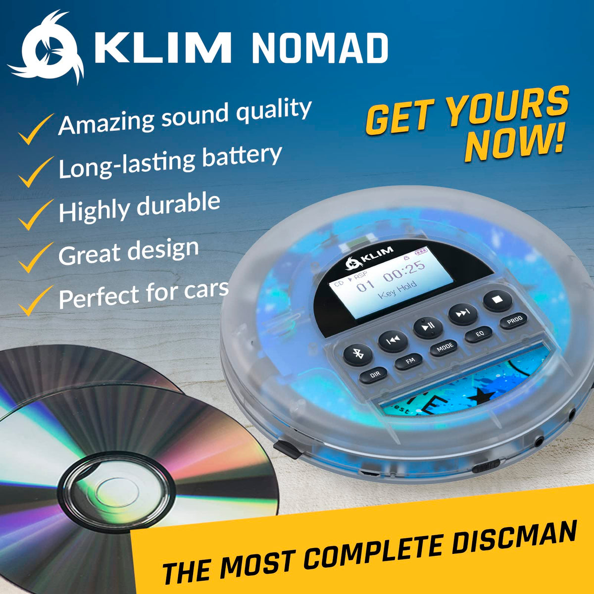 KLIM Nomad Transparent battery indicator showing long-lasting power for all-day use