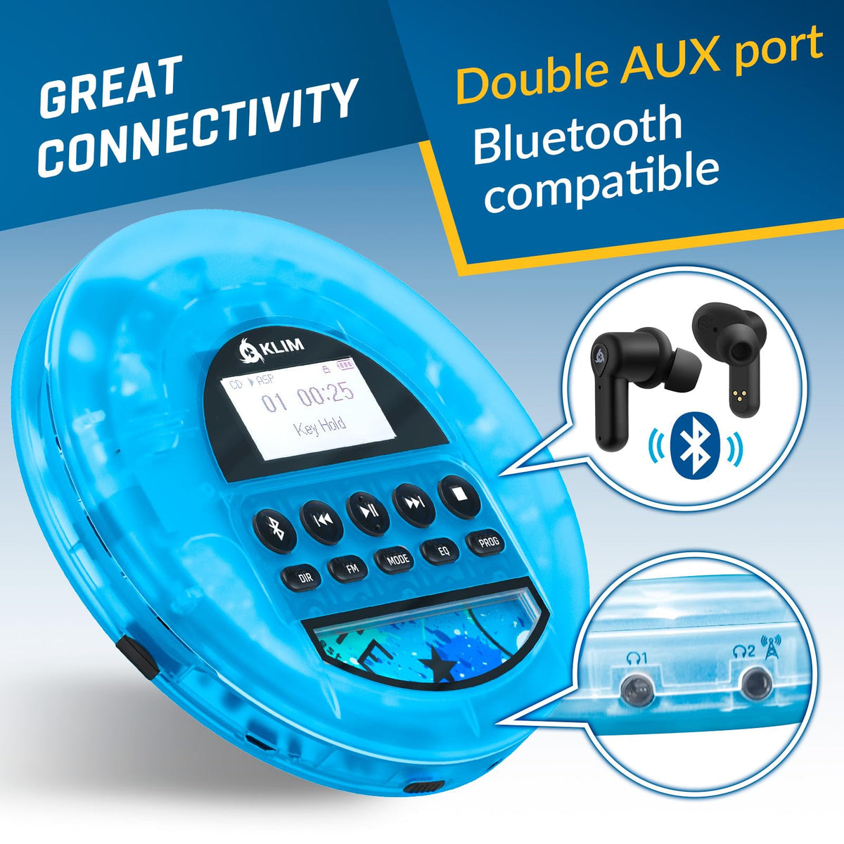 KLIM Nomad Transparent Blue dual-port design lets two listeners share audio