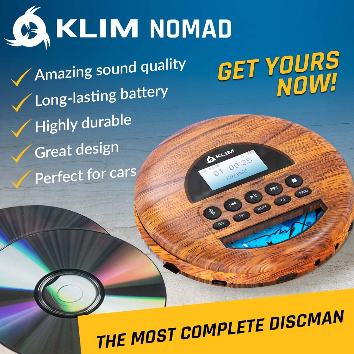 KLIM Nomad Wood open disc tray close-up showing mechanism and safe playback benefit
