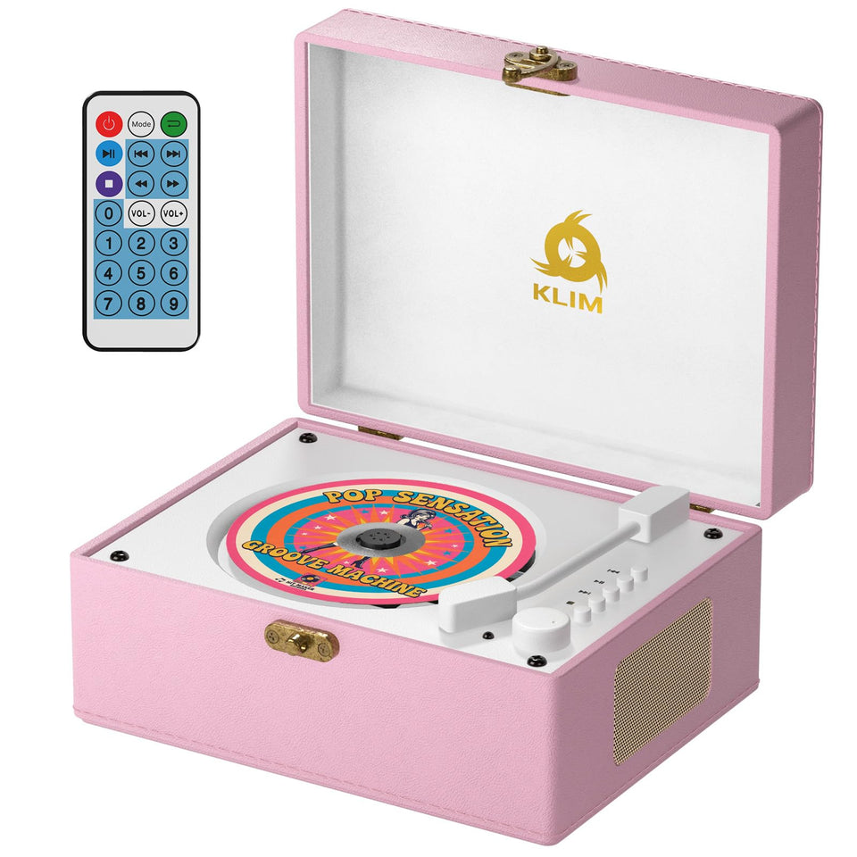 KLIM front view of pink retro CD player showing vintage styling and easy control