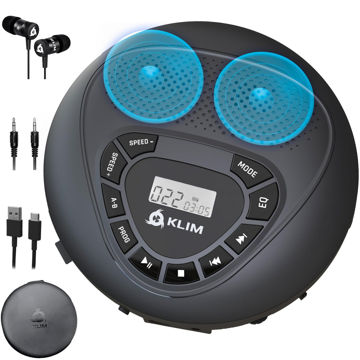 KLIM Speaker front view showing built in speakers and Bluetooth for portable listening