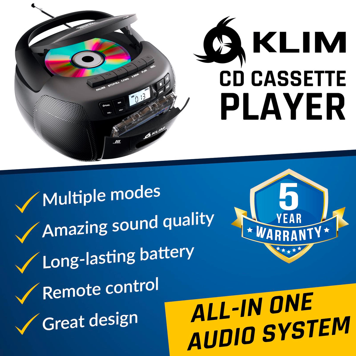 KLIM open top CD tray for quick CD and MP3 playback convenience