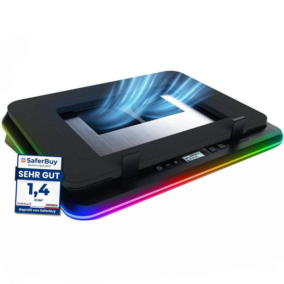 KLIM Turbofrost with 4x4000 RPM fans cools laptops quickly for gaming.