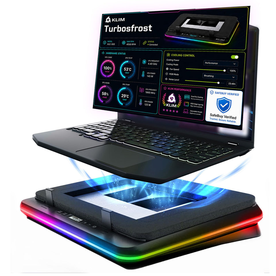 KLIM Turbofrost with 4x4000 RPM fans delivering rapid laptop cooling