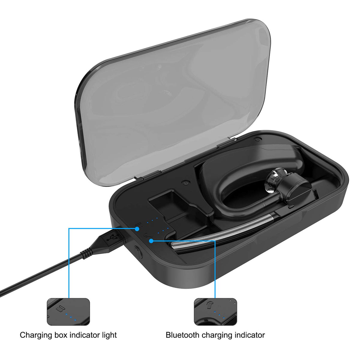 Klipdasse Power Charging Case LED indicators show headset and case status.