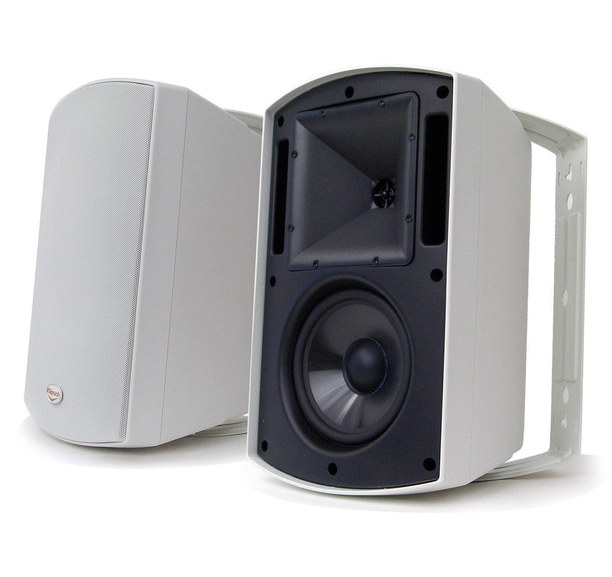 Klipsch AW-650 outdoor speakers front view in white with weatherproof design for outdoor listening