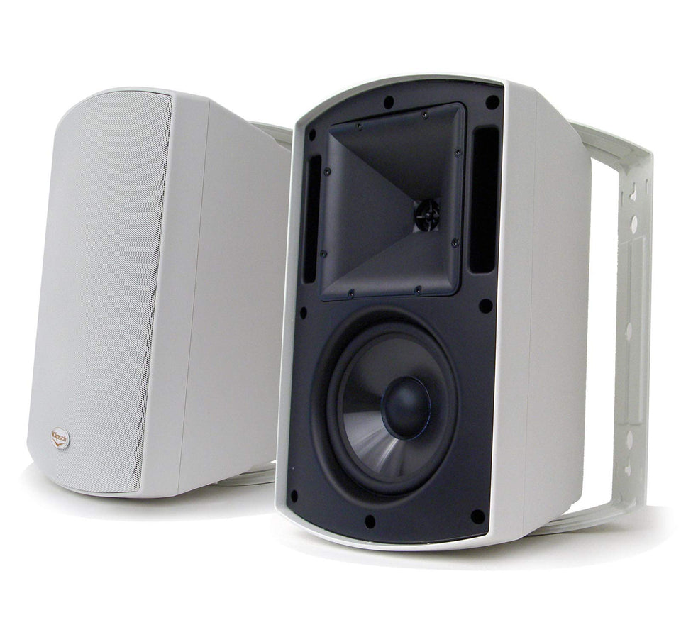 Klipsch AW-650 outdoor speakers front view in white with weatherproof design for outdoor listening