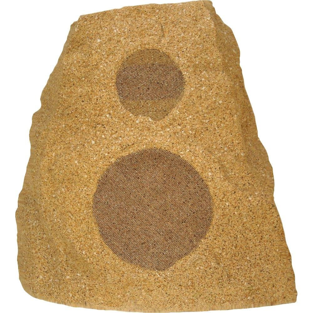 Klipsch AWR-650-SM sandstone outdoor rock speaker front view adds ambiance with weather-ready design.