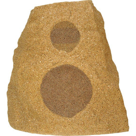 Klipsch AWR-650-SM sandstone outdoor rock speaker front view adds ambiance with weather-ready design.