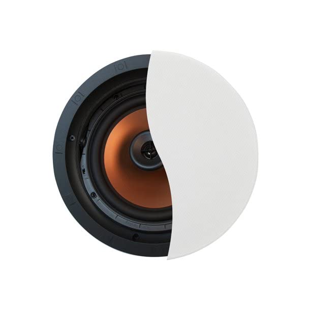 Klipsch CDT-5800-C II woofer close-up reveals cerametallic cone and strong bass.