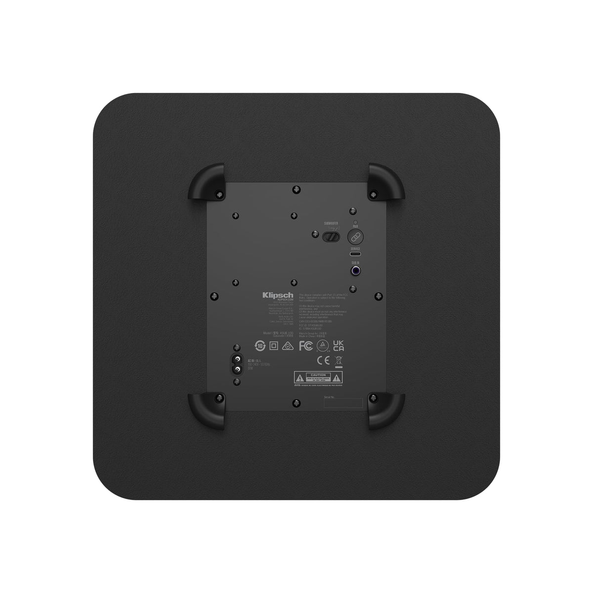 Klipsch Flexus Sub 100 woofer cone close-up emphasizes high-excursion design