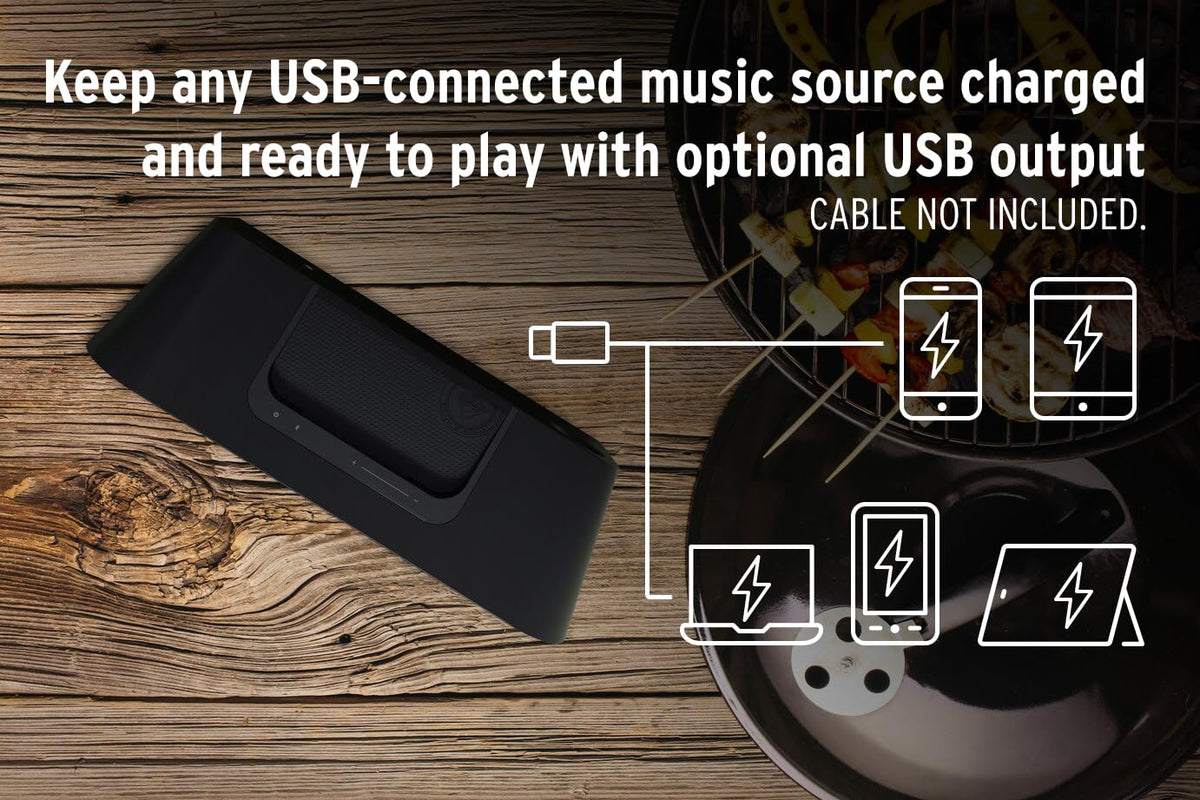 Klipsch Groove XXL USB charging output powers devices outdoors.