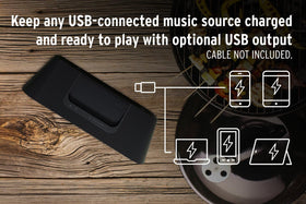 Klipsch Groove XXL USB charging output powers devices outdoors.