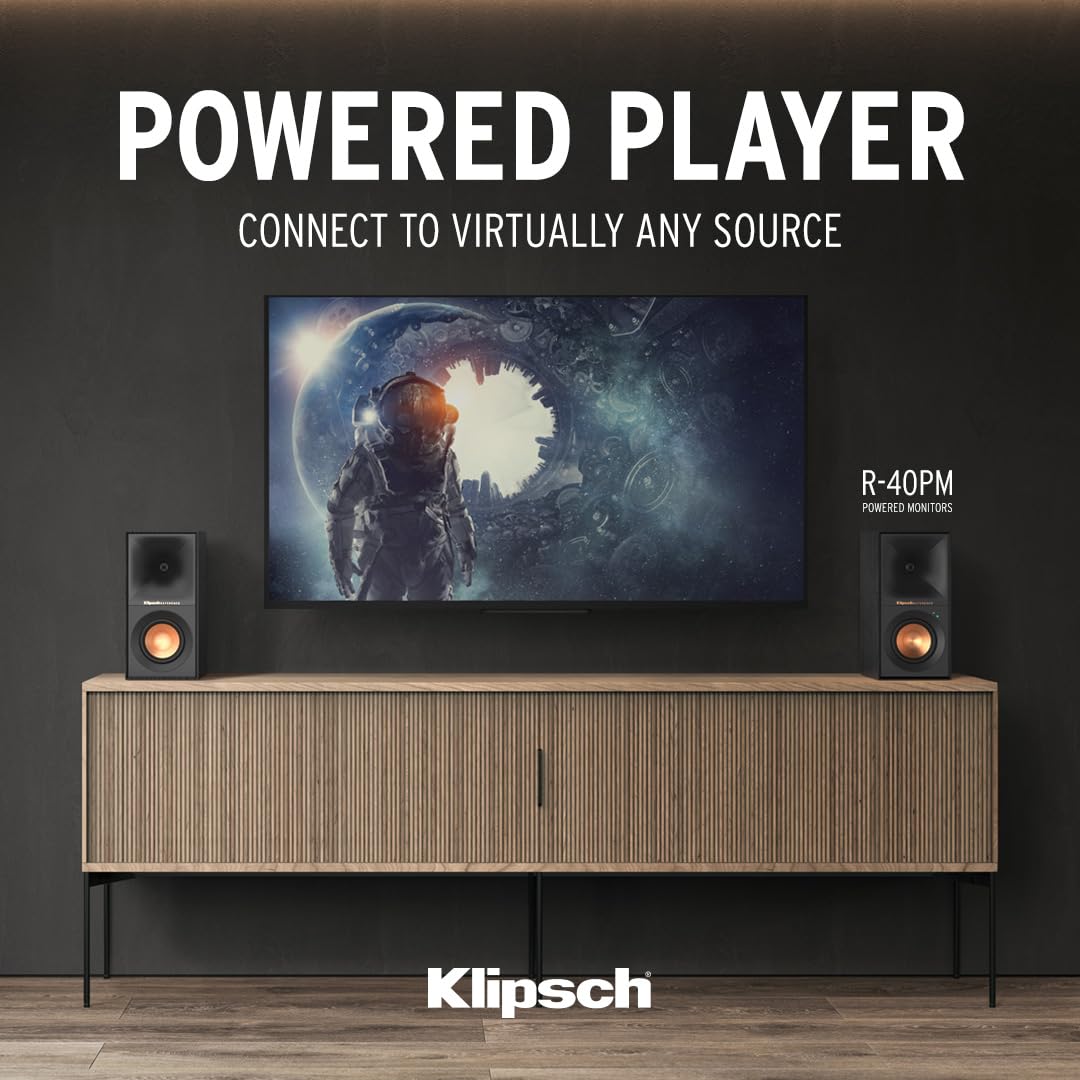 Klipsch R-40PM modern design blends with décor and audio setup.
