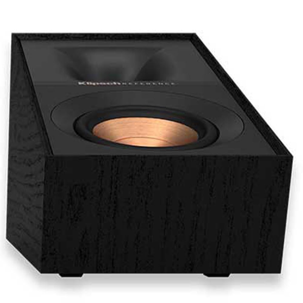 Klipsch R-40SA textured wood vinyl cabinet blends with decor.