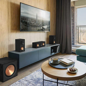 Klipsch R-50M textured wood grain cabinet blends with décor