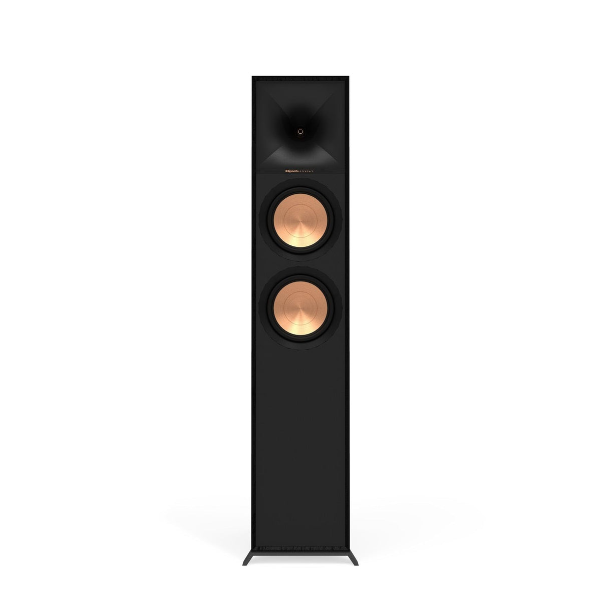Klipsch Reference R-600F side-angle shows Tractrix horn for precise high-frequency dispersion.