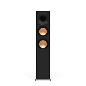 Klipsch Reference R-600F side-angle shows Tractrix horn for precise high-frequency dispersion.