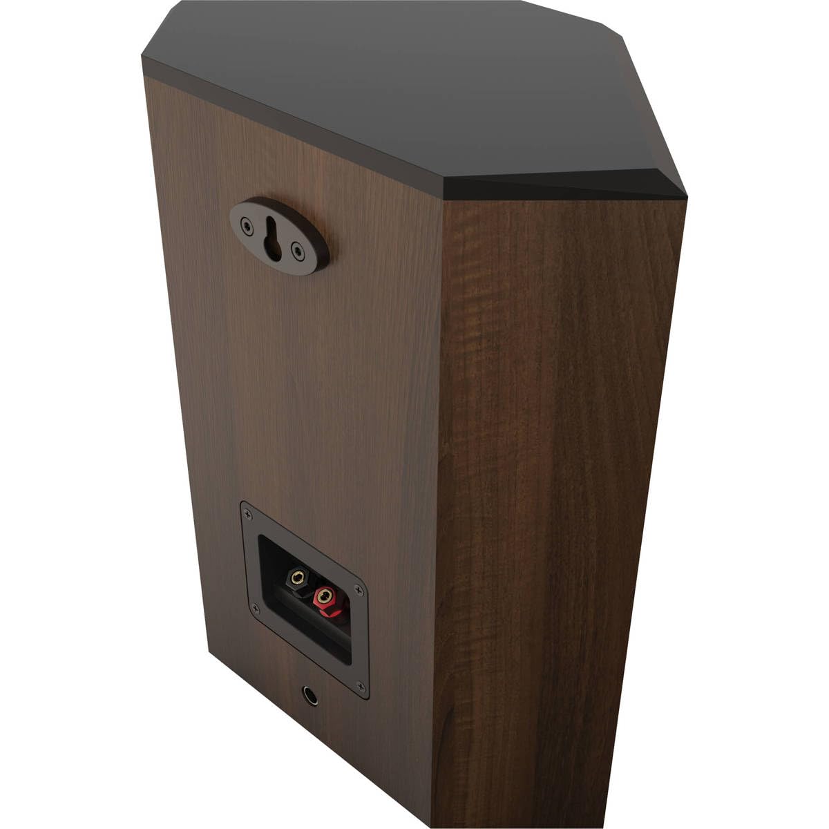 Klipsch RP-502S II walnut cerametallic woofer closeup promises minimal distortion and responsive bass.