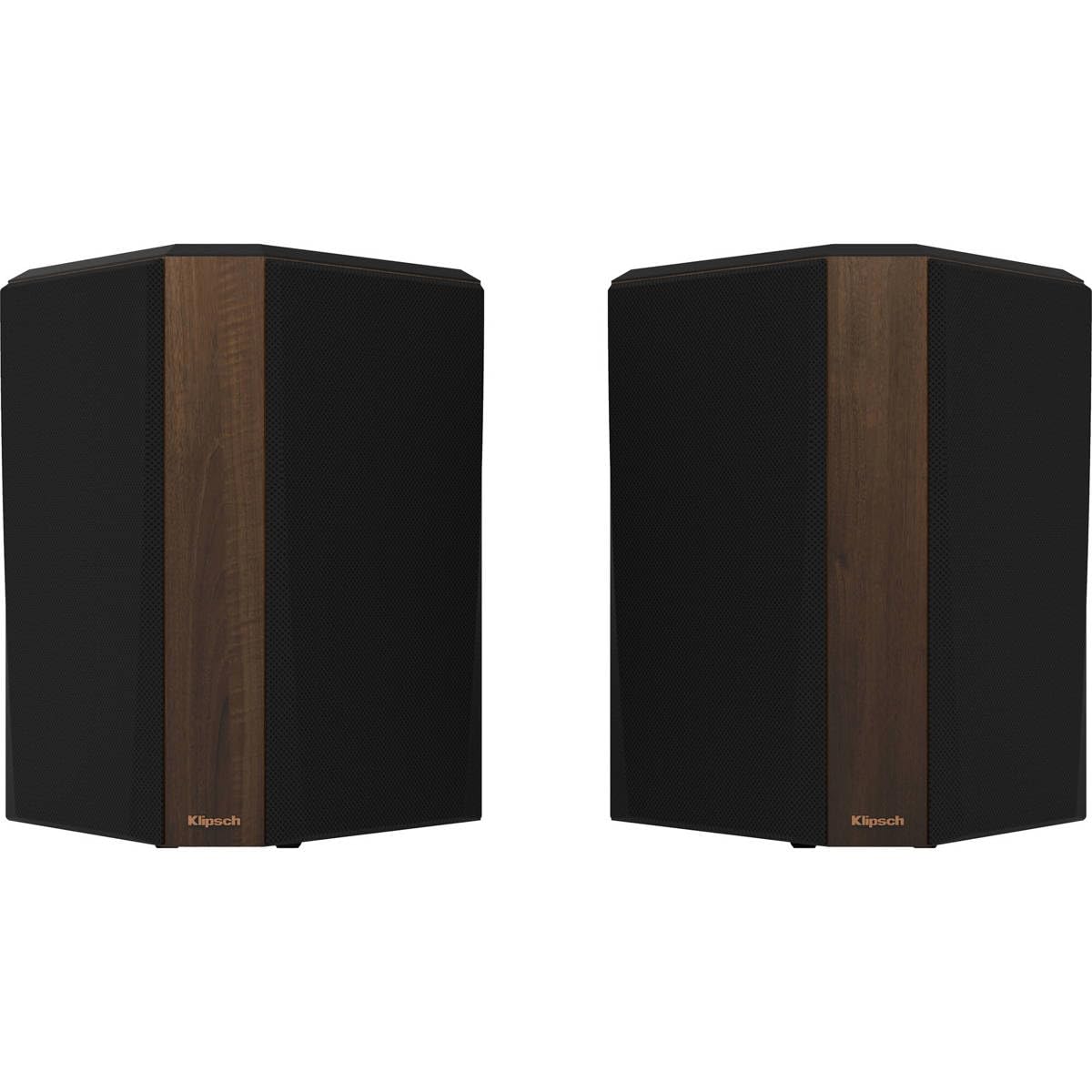 Klipsch RP-502S II walnut horn closeup demonstrates wide dispersion for cinematic clarity.