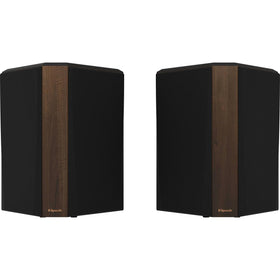 Klipsch RP-502S II walnut horn closeup demonstrates wide dispersion for cinematic clarity.