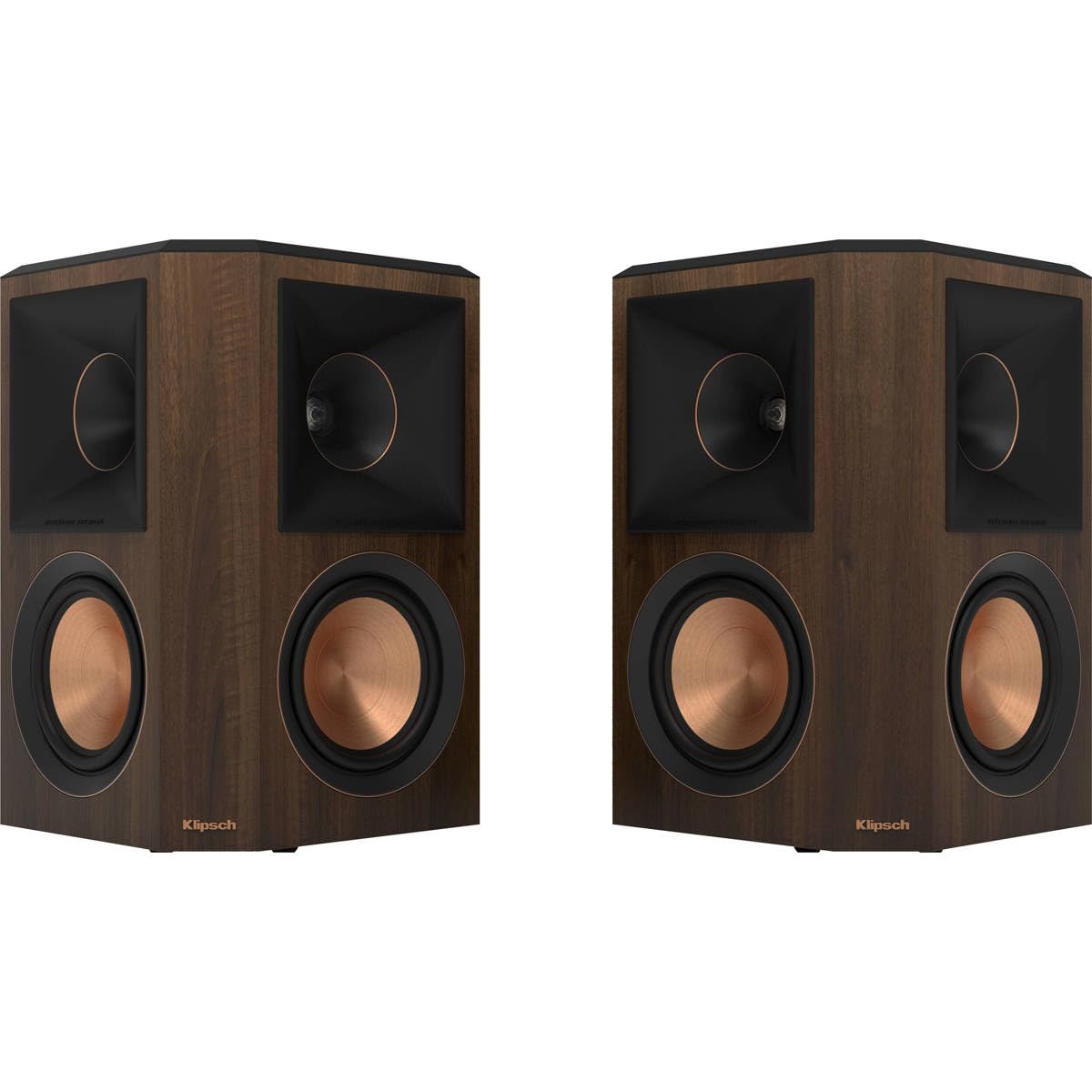 Klipsch RP-502S II walnut surround left delivers immersive room-filling sound with precise dialogue.