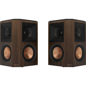 Klipsch RP-502S II walnut surround left delivers immersive room-filling sound with precise dialogue.