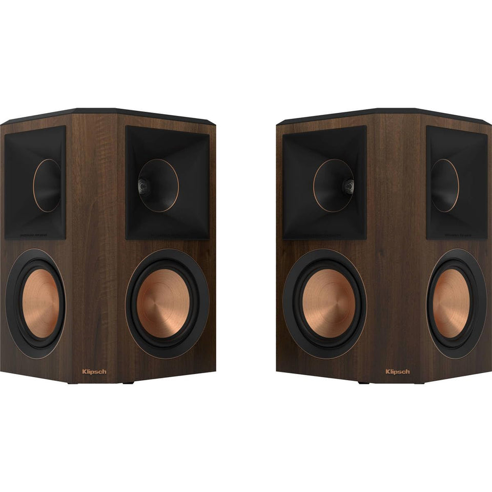 Klipsch RP-502S II walnut surround left delivers immersive room-filling sound with precise dialogue.