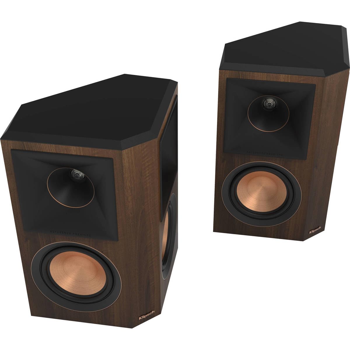 Klipsch RP-502S II walnut surround right enhances home theater with wide dispersion and dynamic detail.