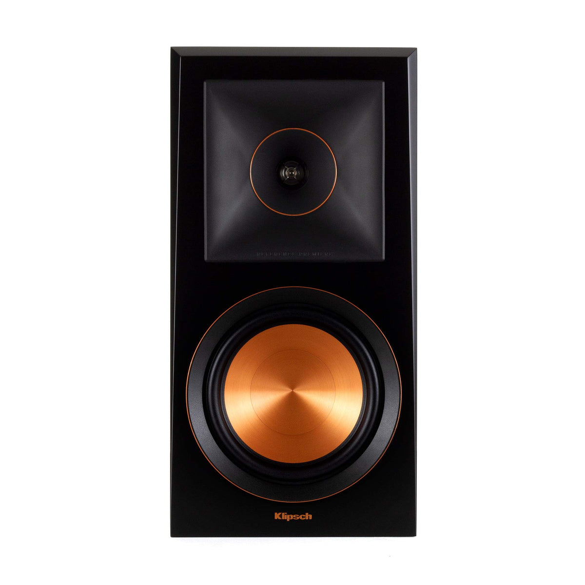 Klipsch RP-600M copper driver close-up in Ebony, shows cerametallic woofer texture and fidelity.