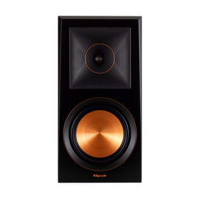 Klipsch RP-600M copper driver close-up in Ebony, shows cerametallic woofer texture and fidelity.