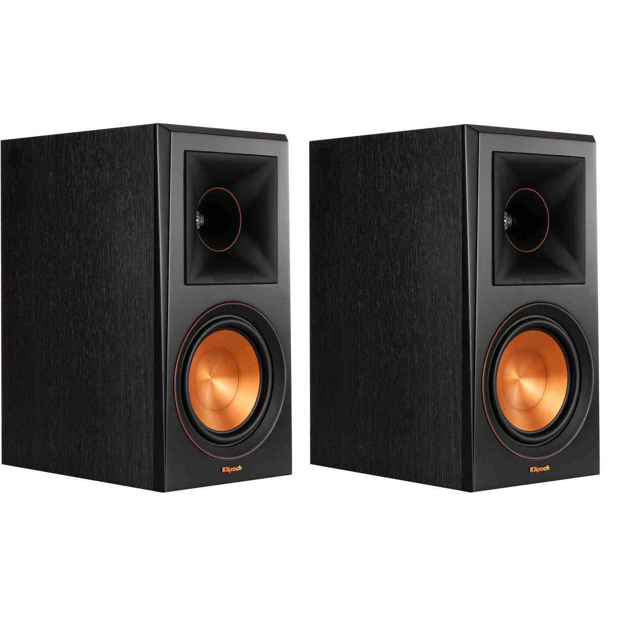 Klipsch RP-600M front view in Ebony finish, compact bookshelf design ideal for small rooms.