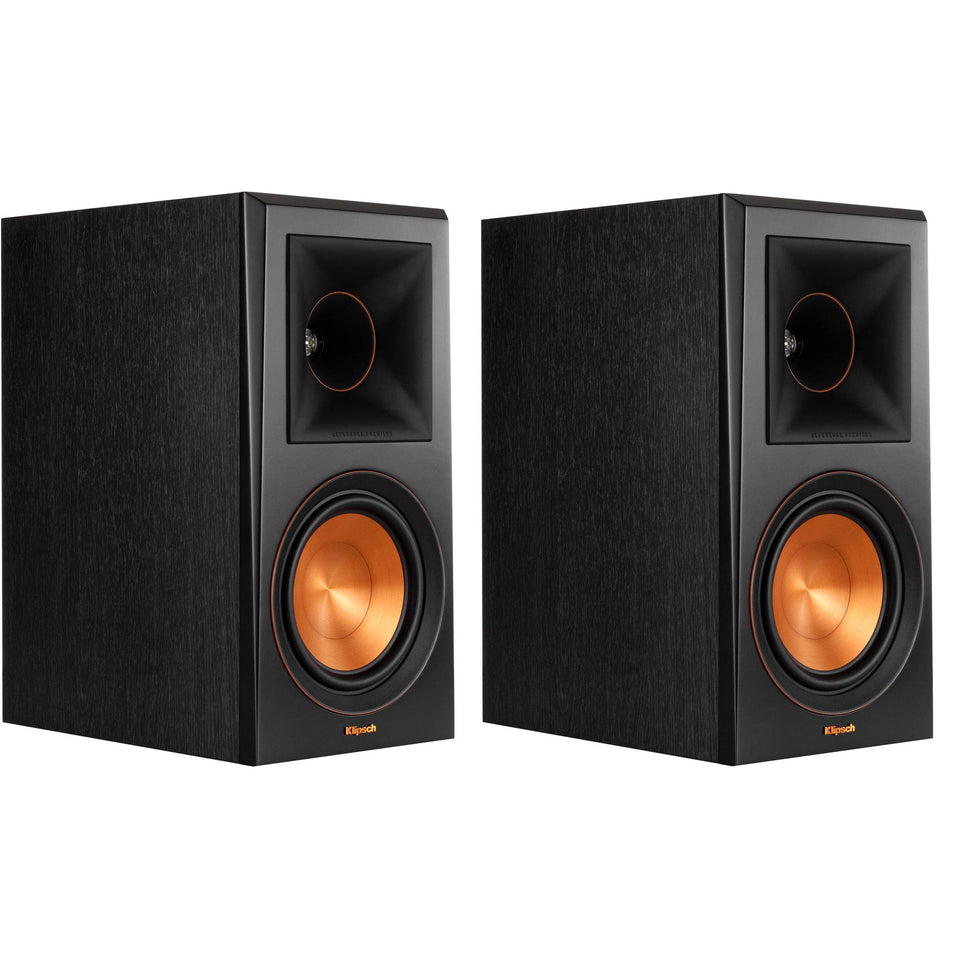 Klipsch RP-600M front view in Ebony finish, compact bookshelf design ideal for small rooms.