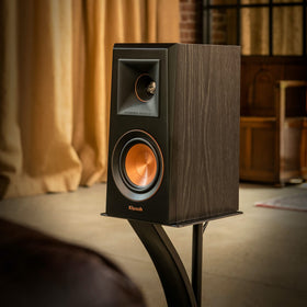 Klipsch RP-600M side view in Ebony finish, slim profile suited for shelves or stands.
