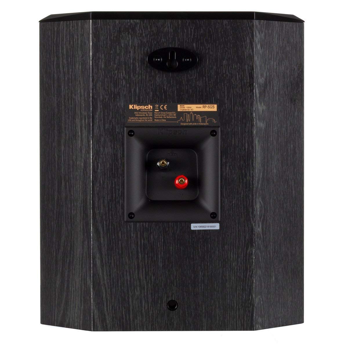 Klipsch RP-502S ebony cabinets complement home theaters with clean, unobtrusive aesthetics.