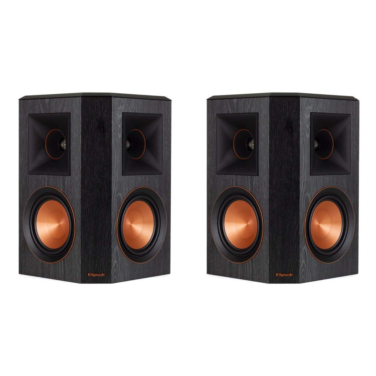 Klipsch RP-502S surround speaker with a tweeter horn for precise high-frequency detail.