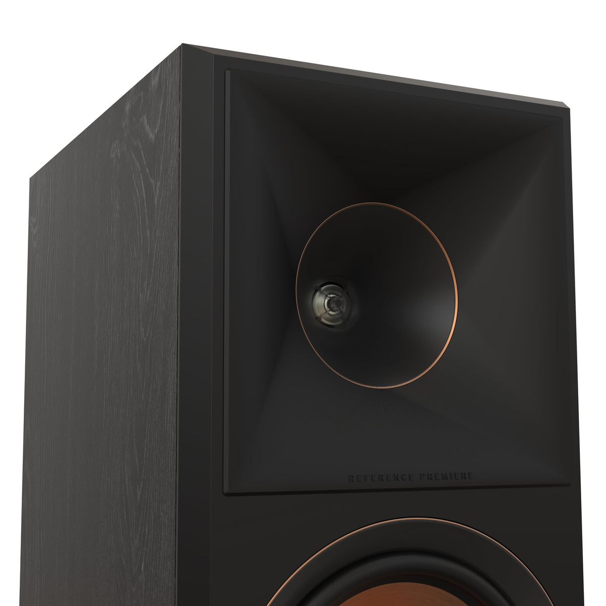 Klipsch RP-600M II Tractrix horn close-up yielding crisper imaging.